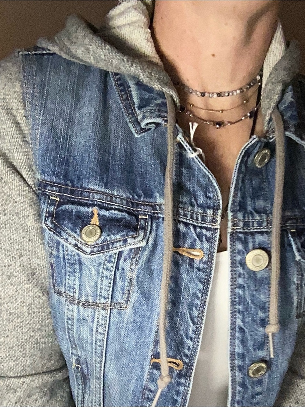 American Eagle Outfitters Blue Denim Jacket with Gray Hoodie